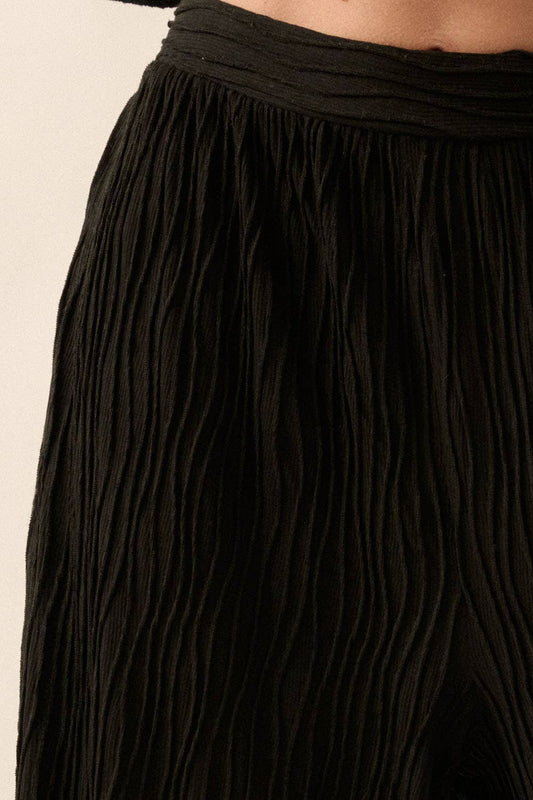 Solid Wavy Texture Rib-Knit Wide-Leg Pants