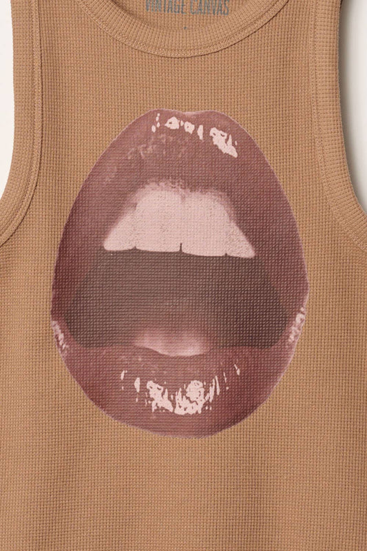 Open Lips Waffle-Knit Graphic Racerback Tank Top
