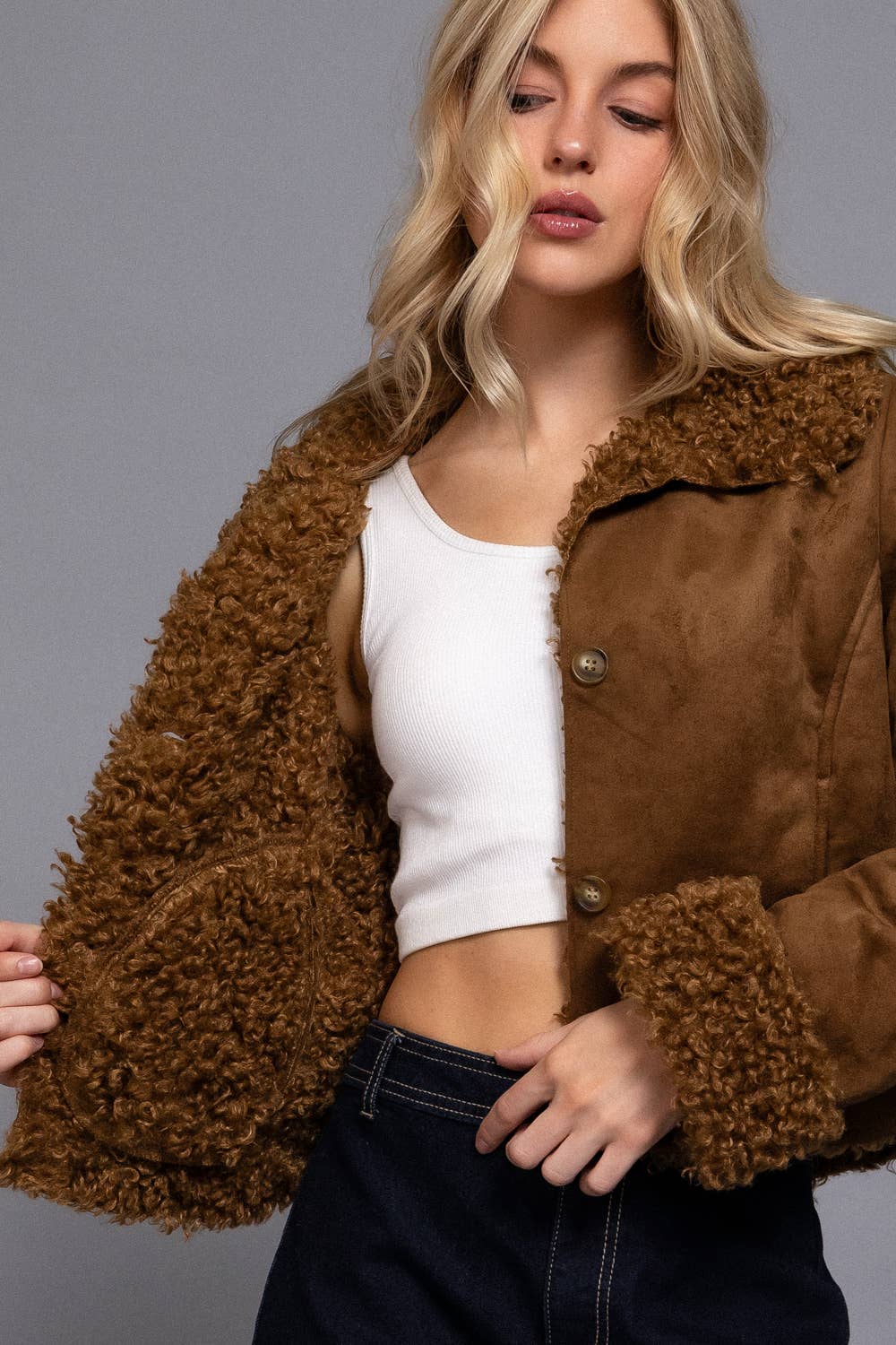 Long Sleeve Inside Fur Detail Penny Lane Suede Short Jacket