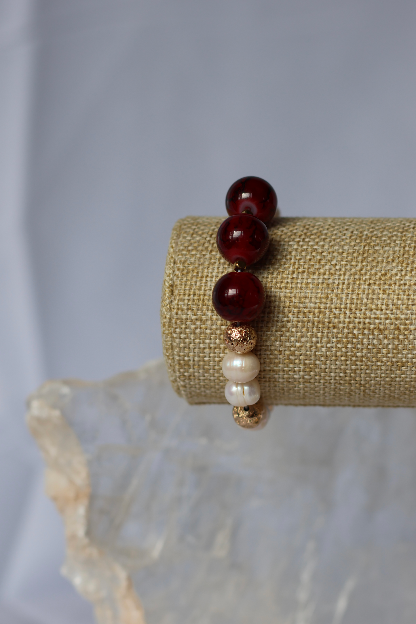 Handmade Red Marbled Glass & Pearl Jewelry Set