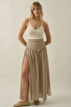 Solid Cotton Gauze Drop-Waist Yoke Maxi Skirt