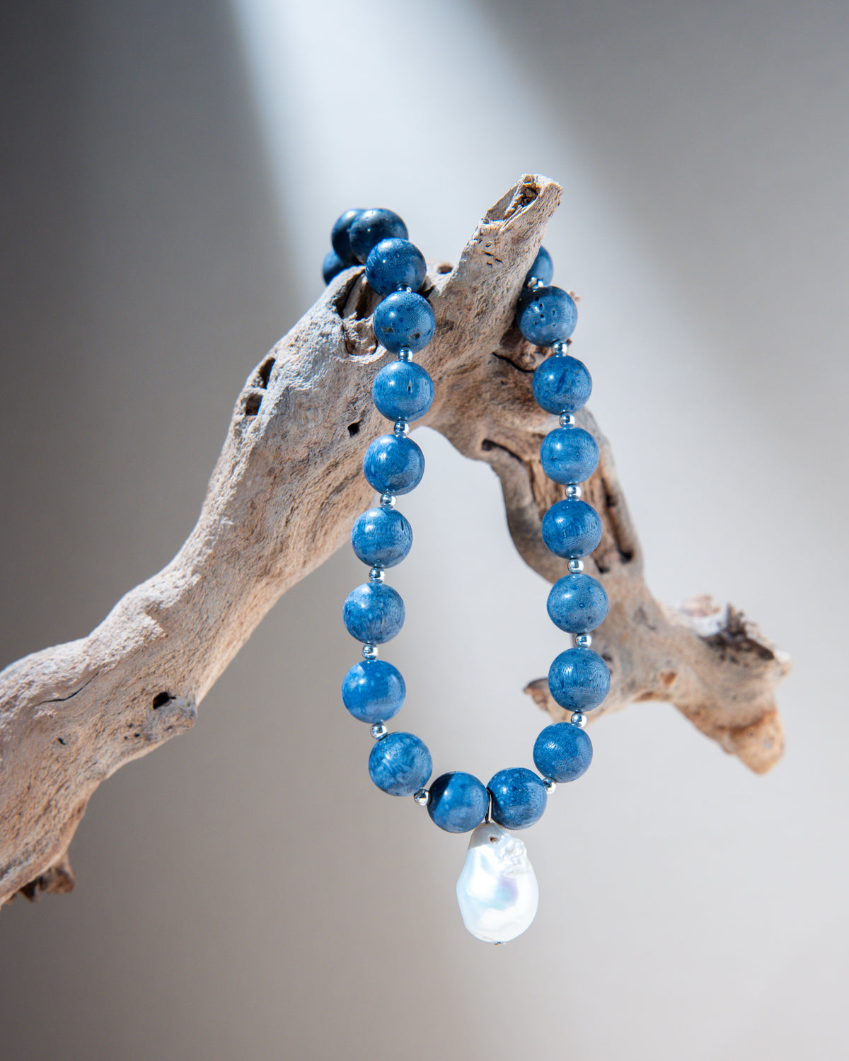 Blue Sponge Coral Necklace with Baroque Pearl