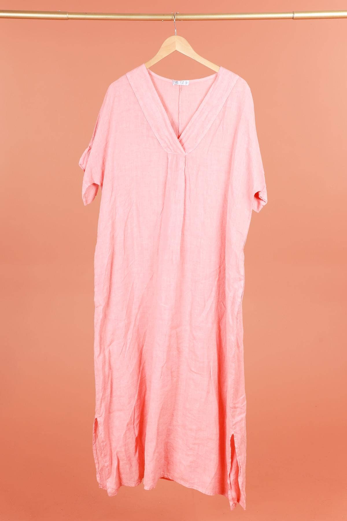 Long dress v-neck 62733 100% linen: VERT ANIS
