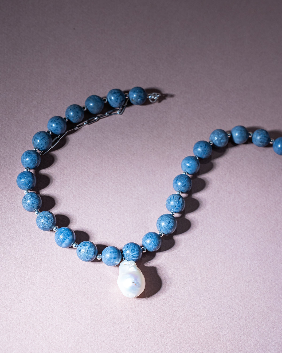 Blue Sponge Coral Necklace with Baroque Pearl