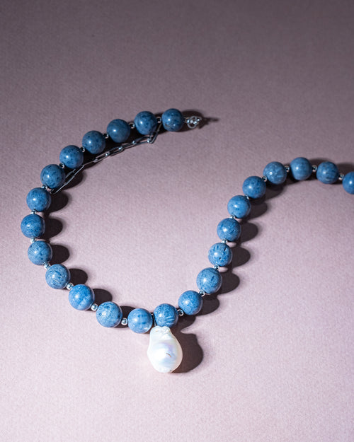 Blue Sponge Coral Necklace with Baroque Pearl