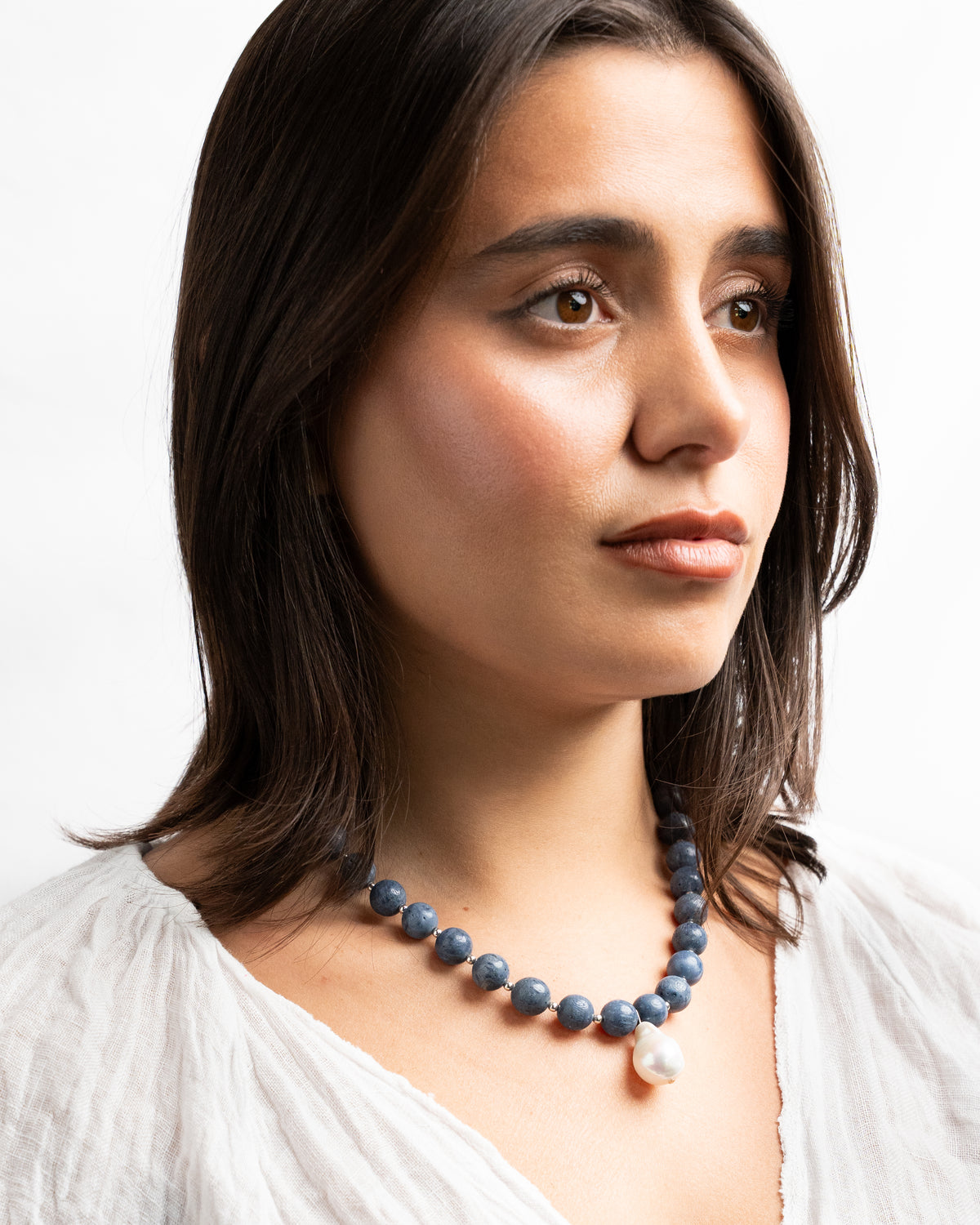 Blue Sponge Coral Necklace with Baroque Pearl