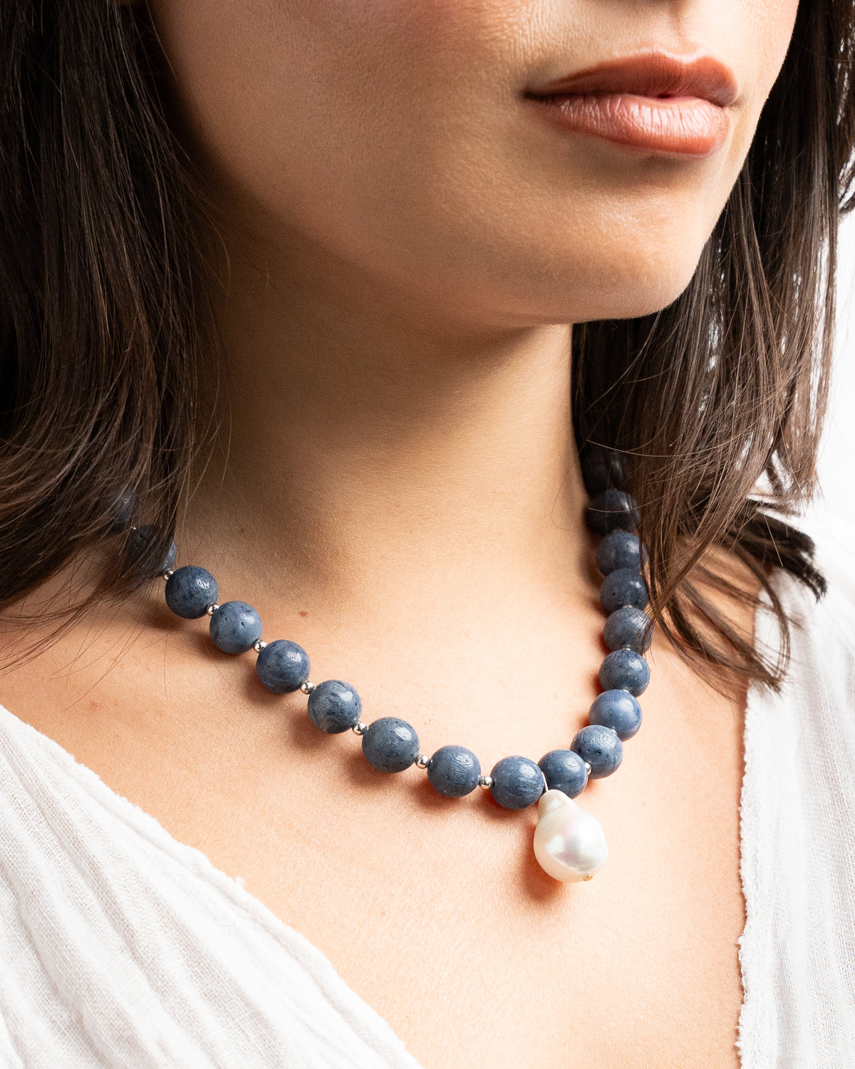 Blue Sponge Coral Necklace with Baroque Pearl