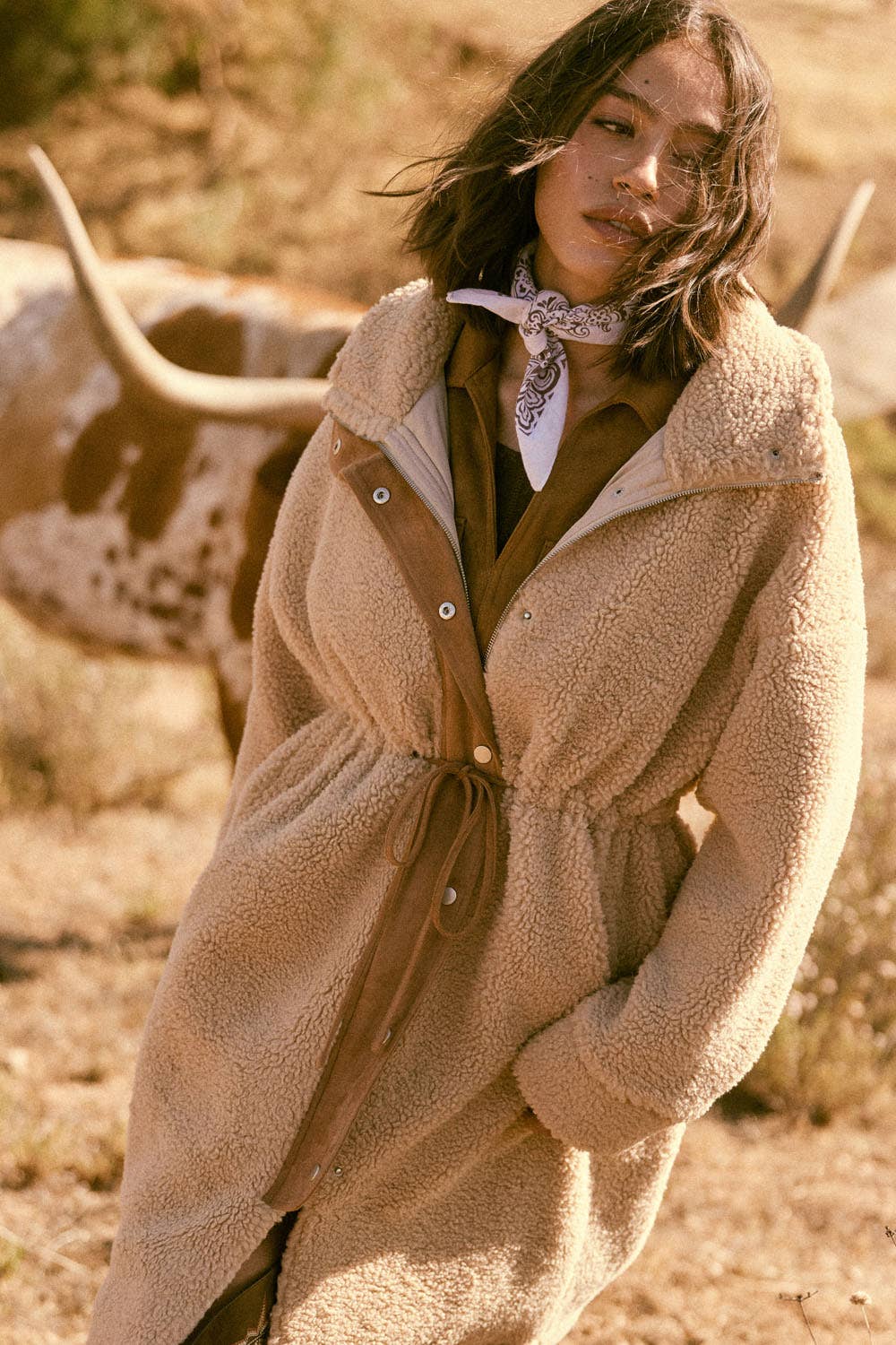 Faux Shearling Zip-Up Drawstring Knee-Length Coat