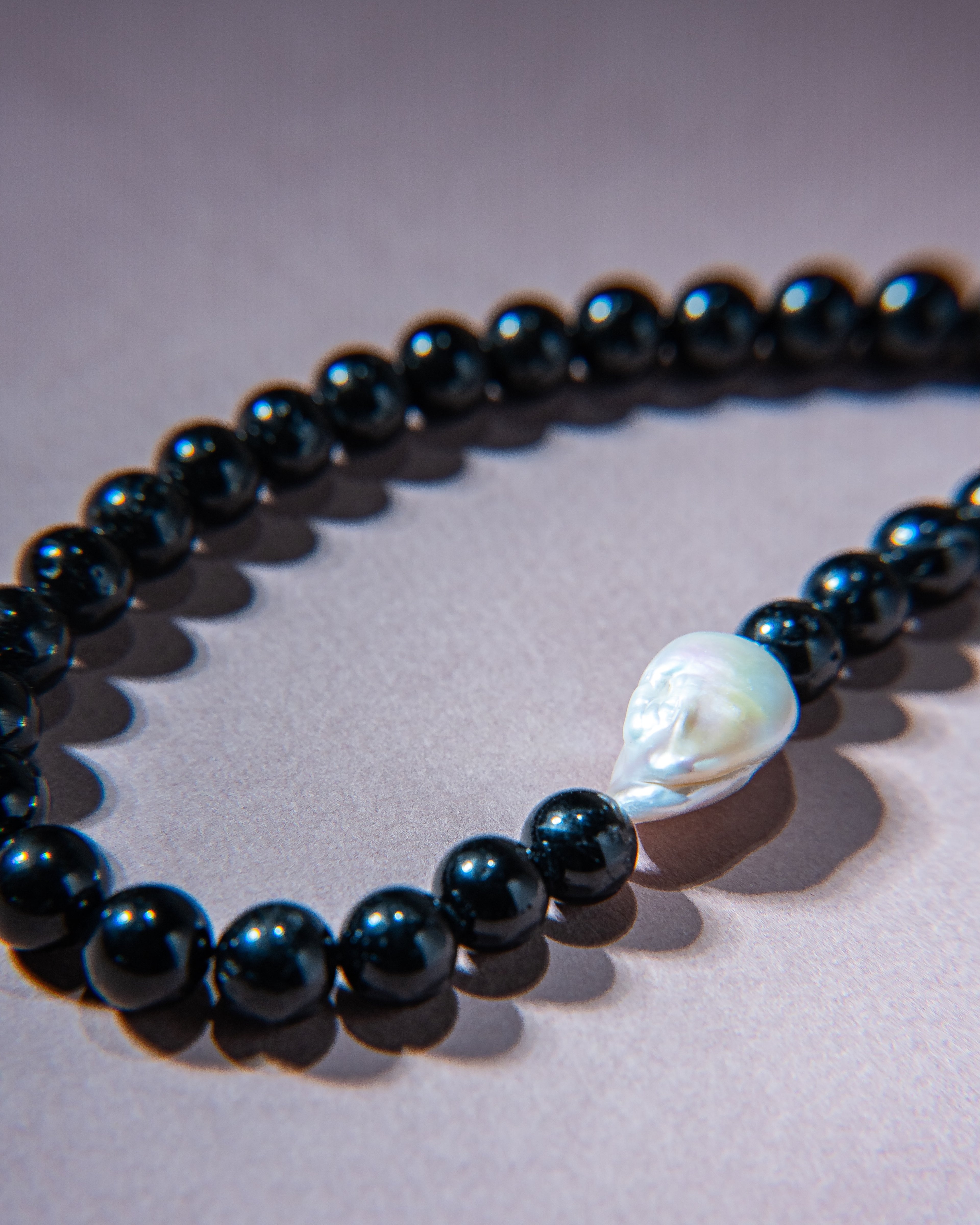 Black Tourmaline Necklace with Baroque Pearl