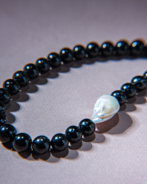 Black Tourmaline Necklace with Baroque Pearl