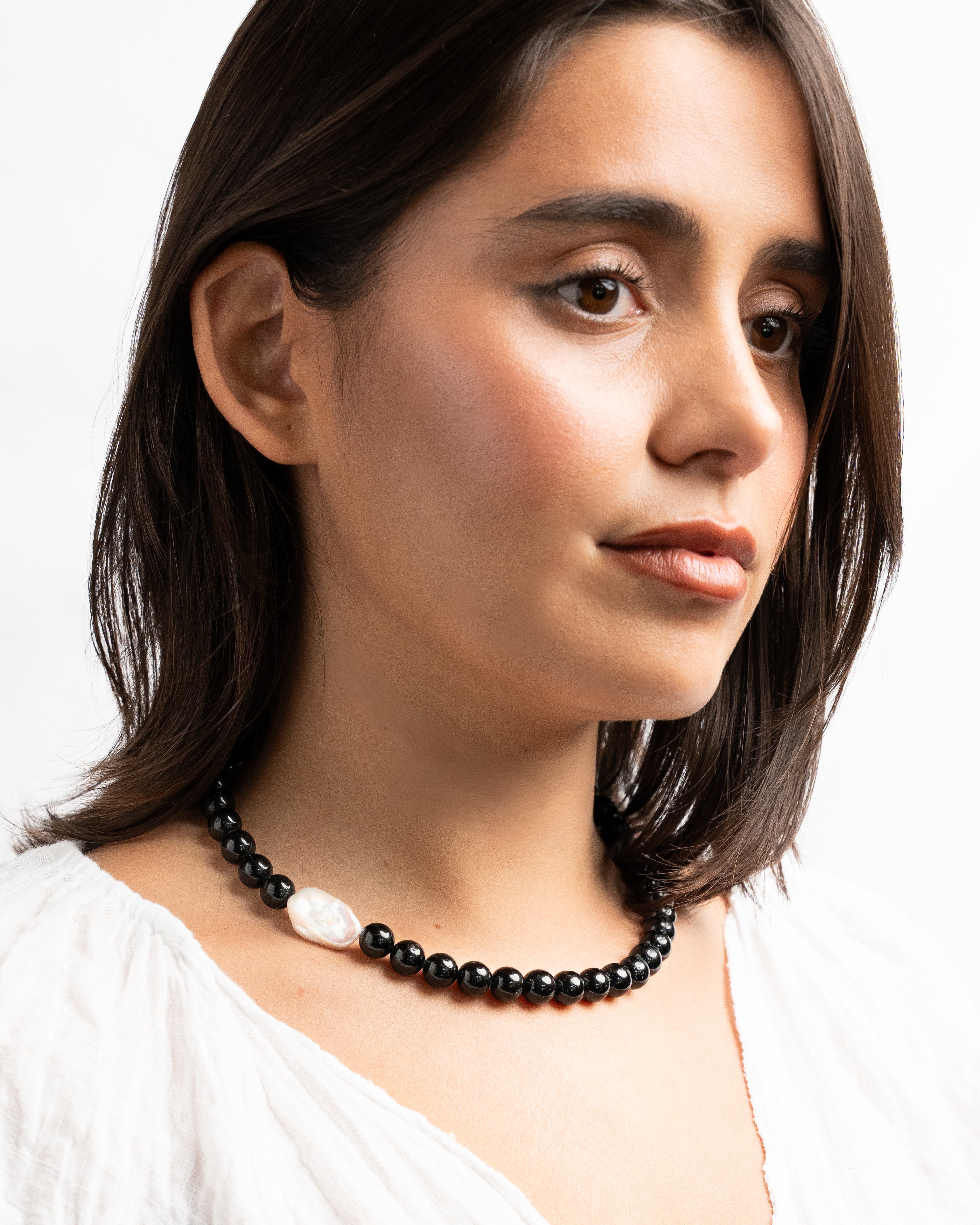 Black Tourmaline Necklace with Baroque Pearl