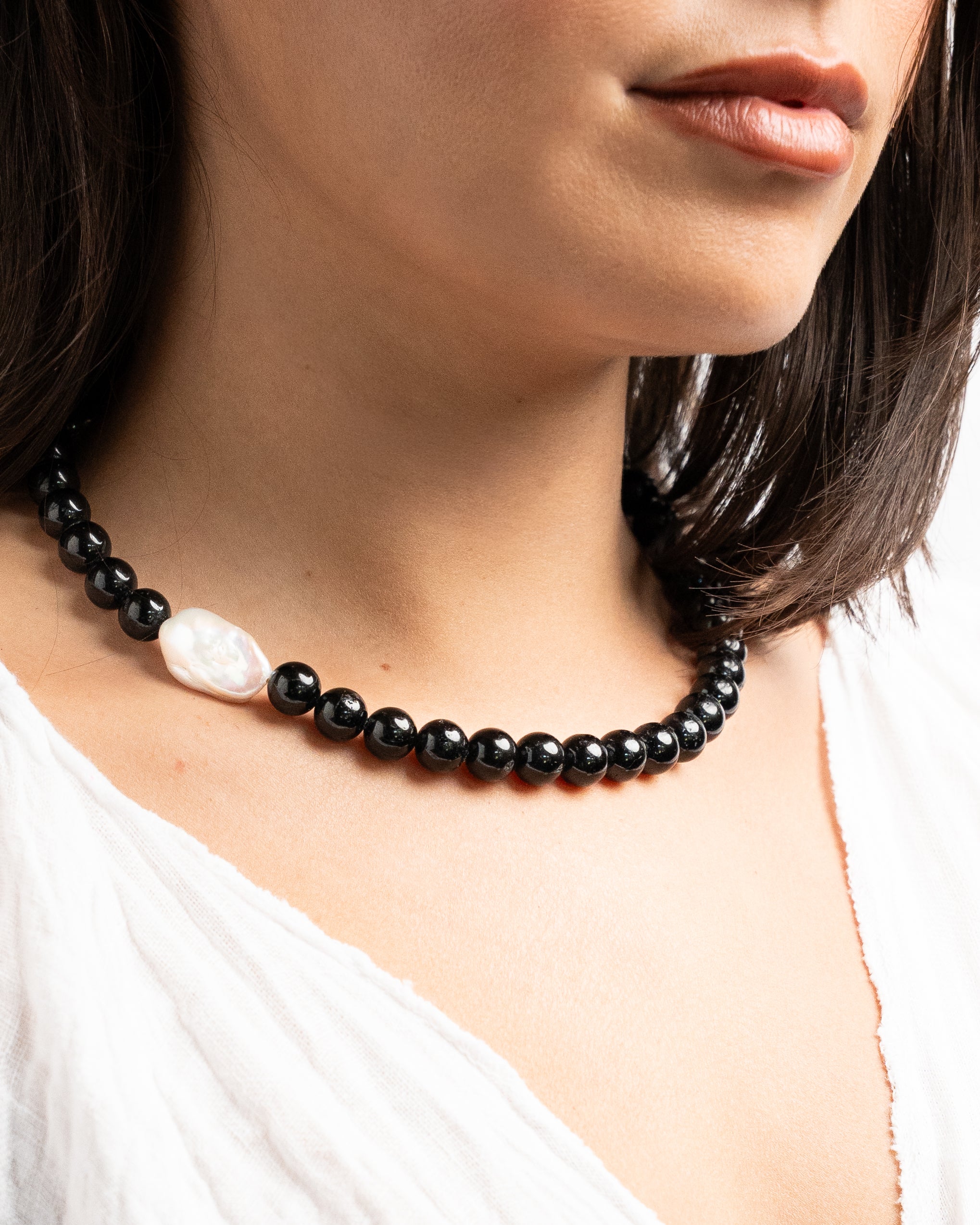 Black Tourmaline Necklace with Baroque Pearl