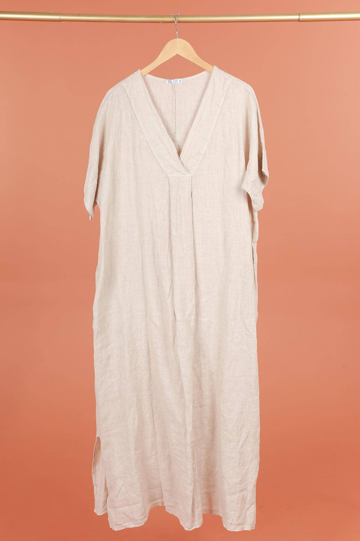 Long dress v-neck 62733 100% linen: Dust