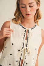 Embroidered Diamond Tie-Front Sleeveless Vest