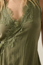 Lace-Trimmed Cotton Gauze Sleeveless Wrap Maxi Dress