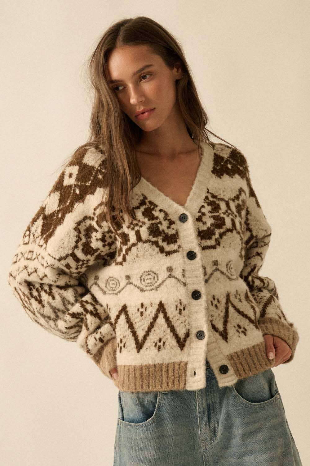Brushed Alpine-Knit Button-Front Cardigan