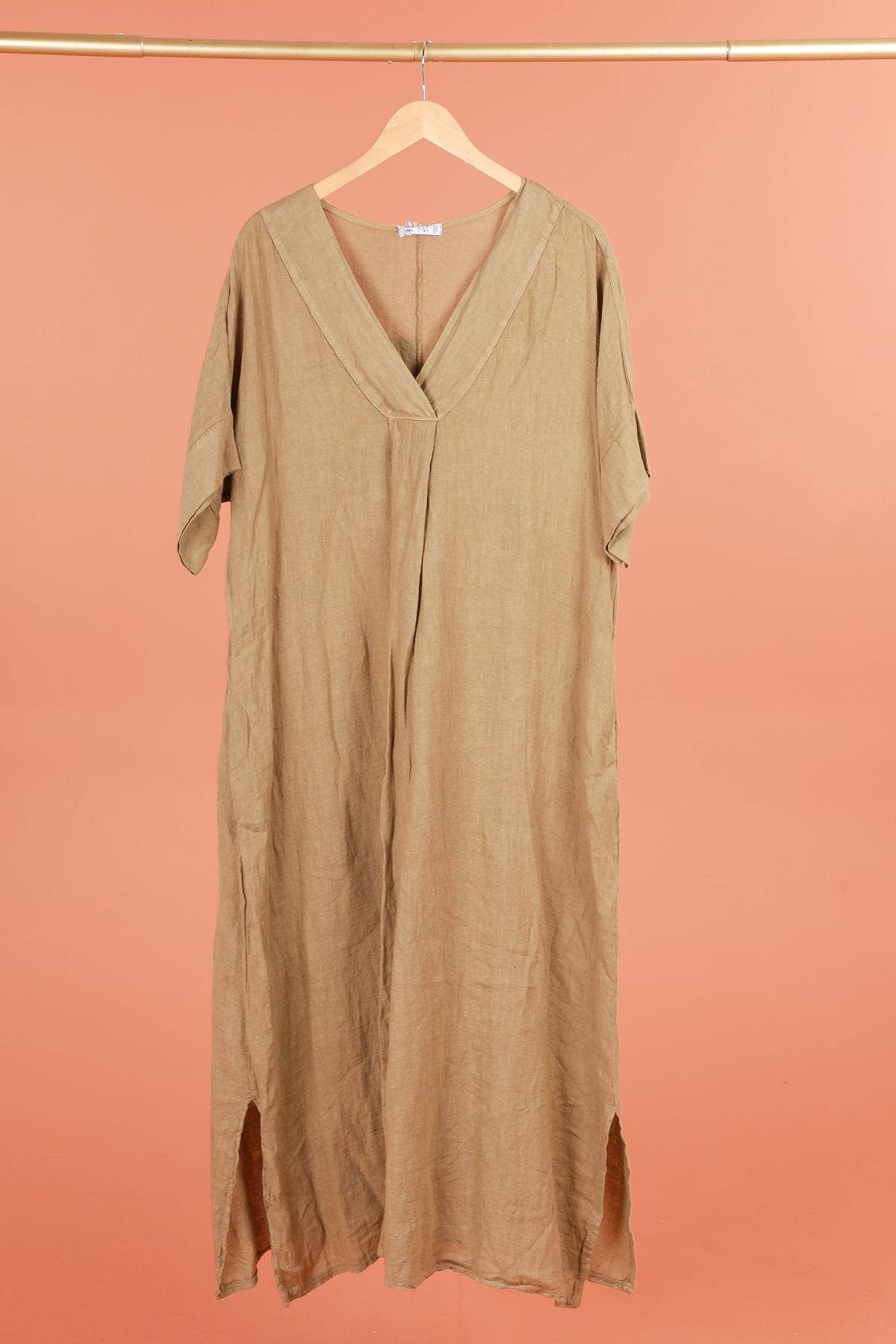 Long dress v-neck 62733 100% linen: VERT ANIS