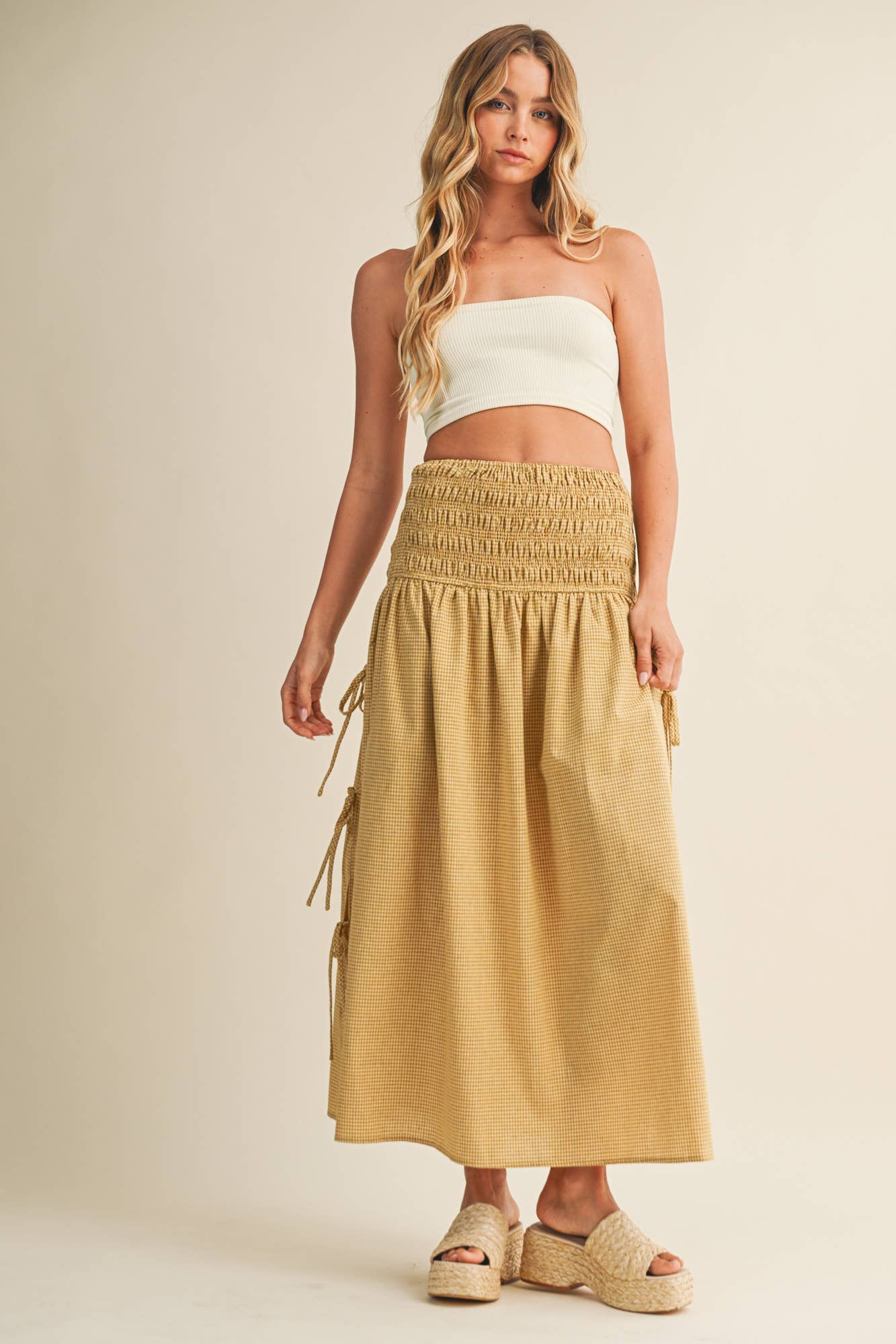 Shirred Waist Adjustable Side-Tie Skirt