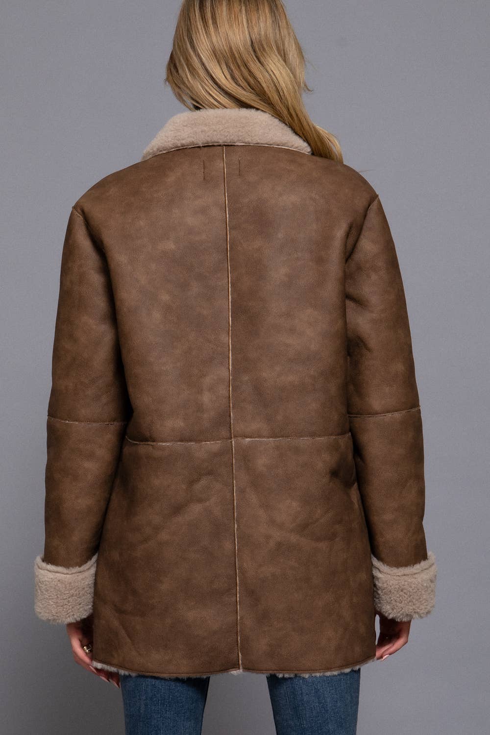 Lapel Collar Button Down Double Sided Faux Leather Coat