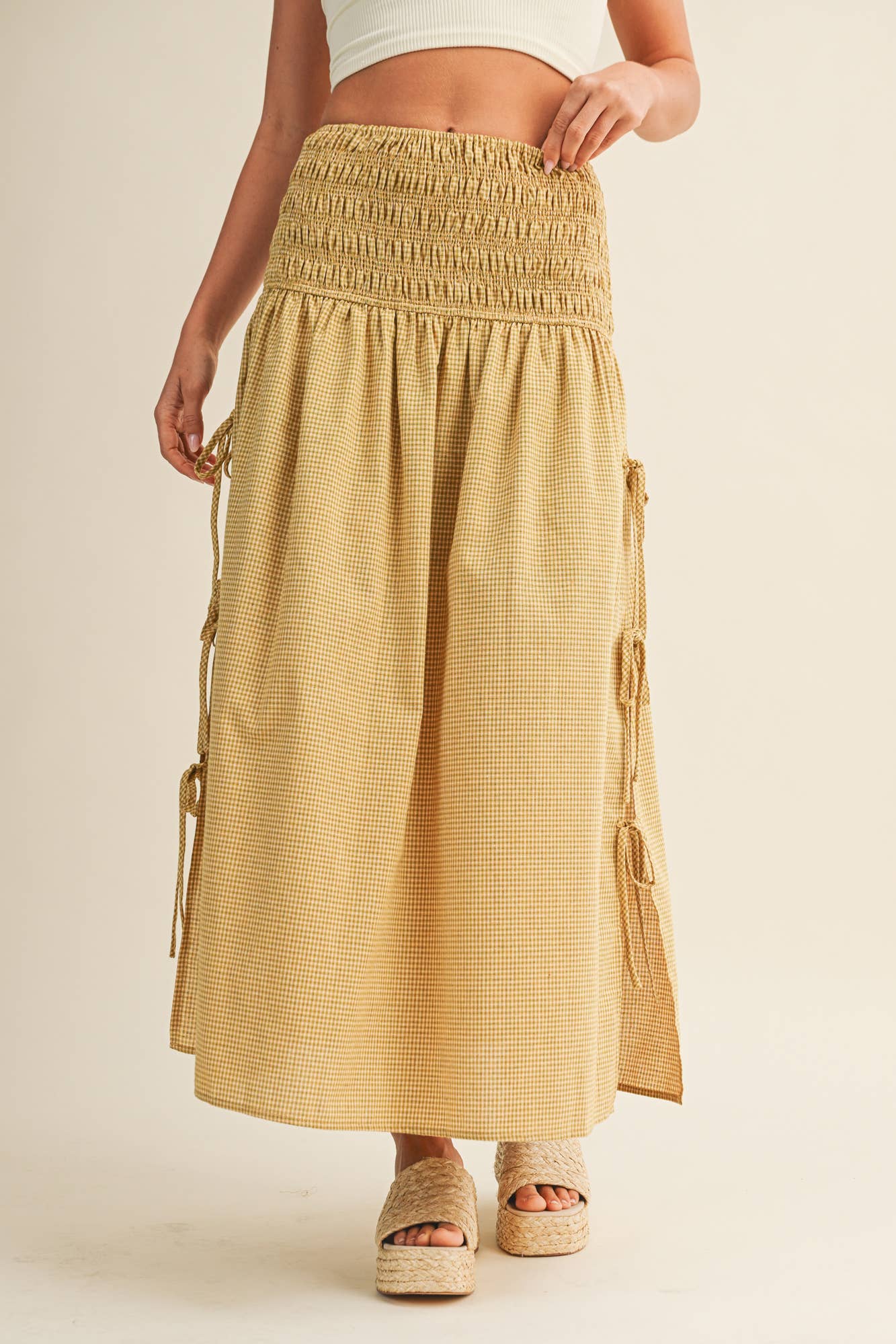 Shirred Waist Adjustable Side-Tie Skirt