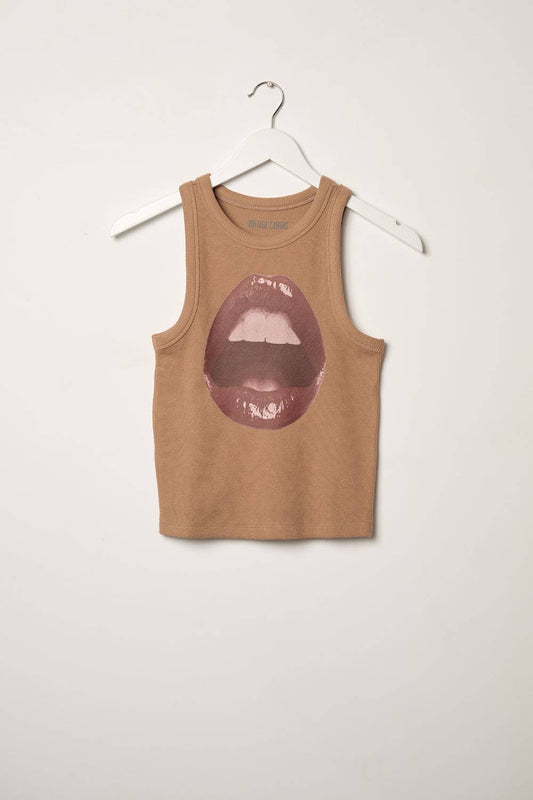 Open Lips Waffle-Knit Graphic Racerback Tank Top