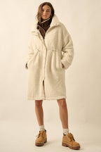 Faux Shearling Zip-Up Drawstring Knee-Length Coat