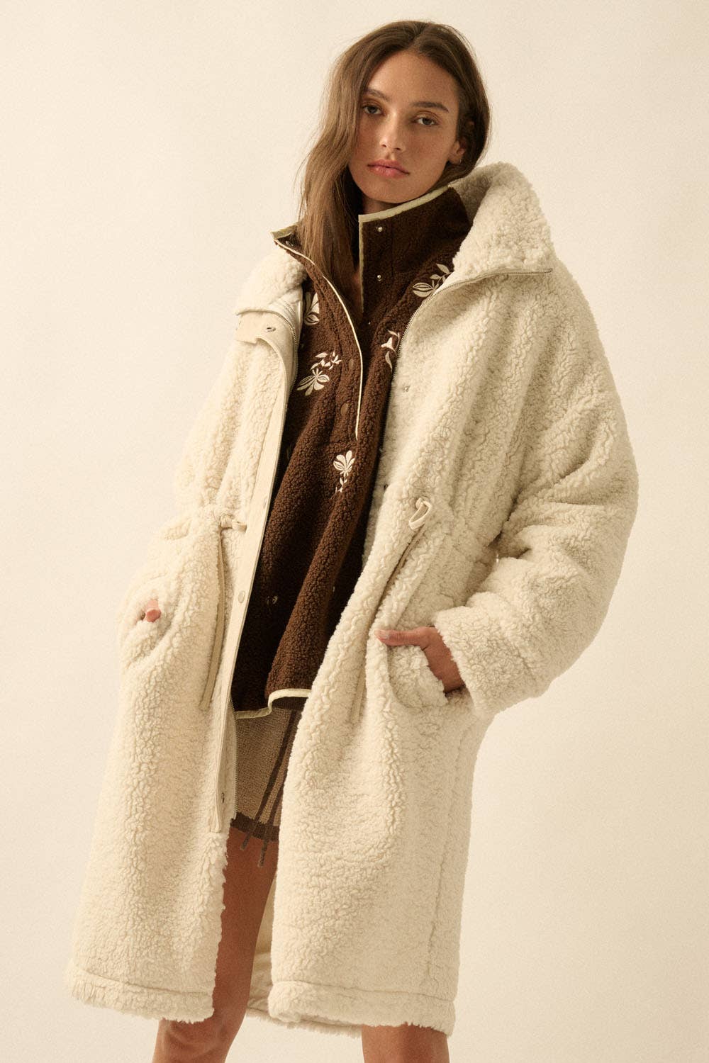 Faux Shearling Zip-Up Drawstring Knee-Length Coat