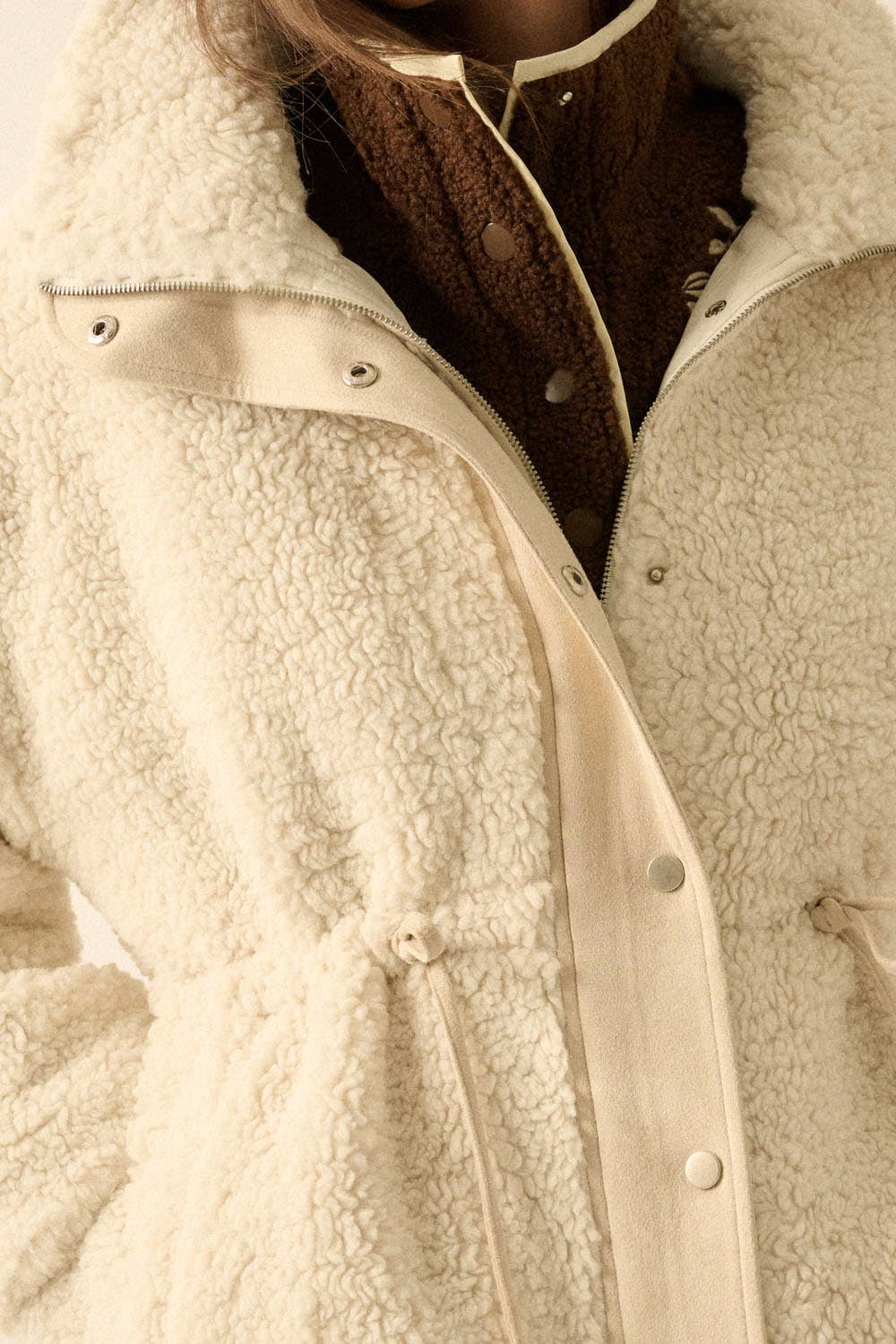Faux Shearling Zip-Up Drawstring Knee-Length Coat