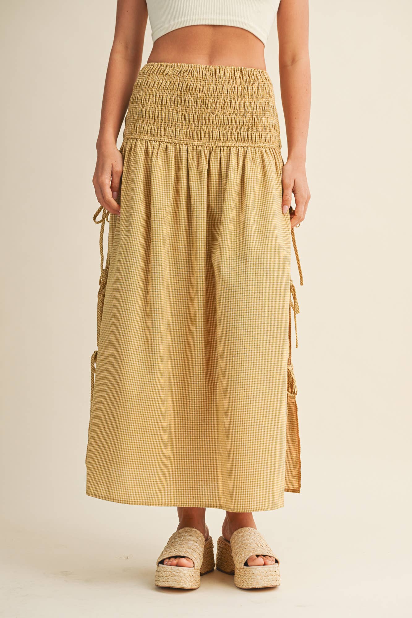Shirred Waist Adjustable Side-Tie Skirt