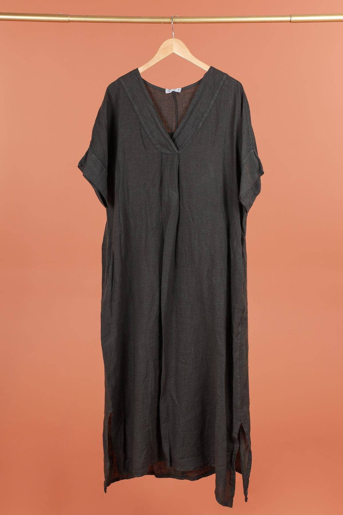 Long dress v-neck 62733 100% linen: VERT ANIS