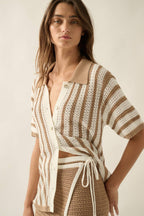 Striped Crochet-Knit Button-Up Collared Short-Sleeve Shirt