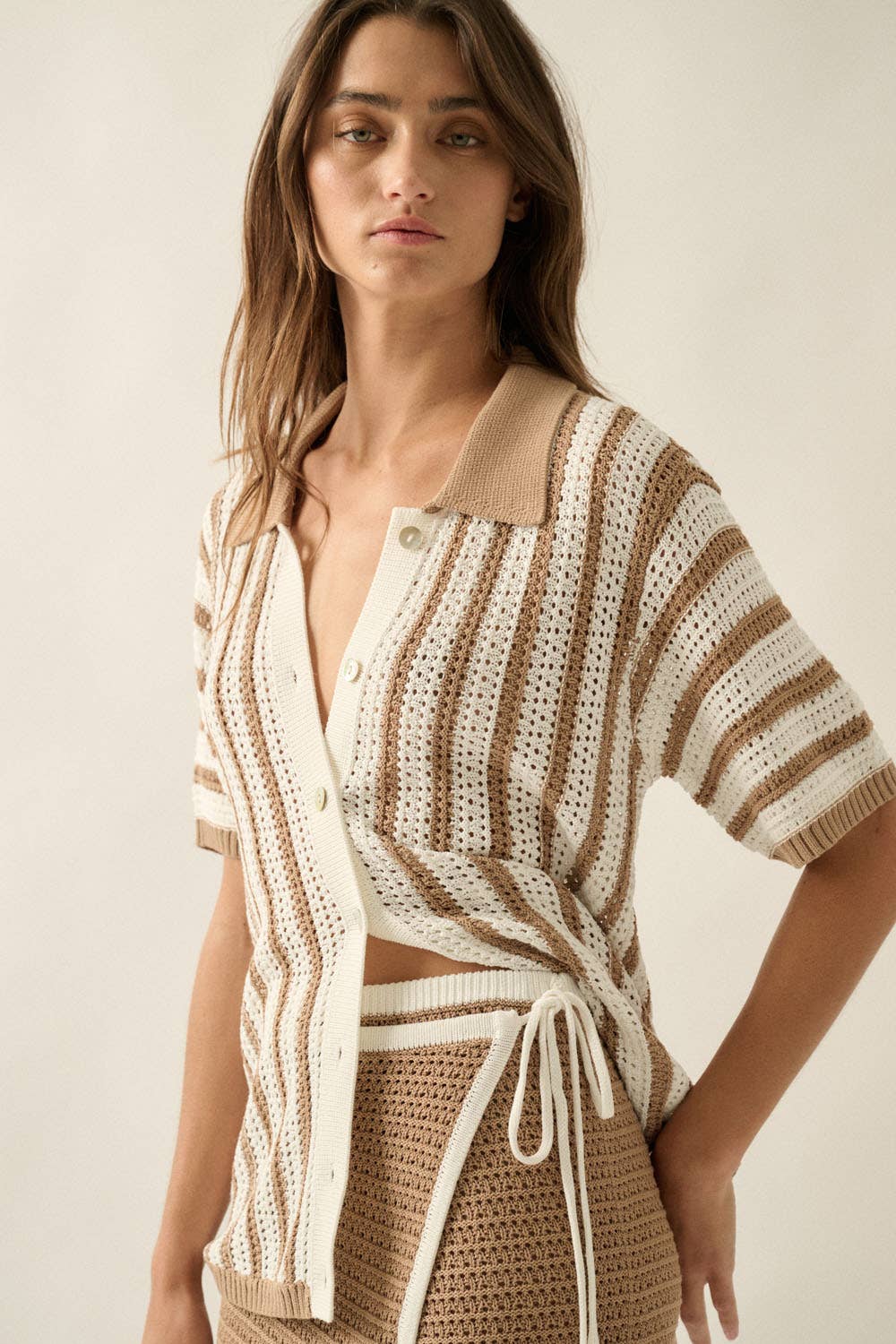 Striped Crochet-Knit Button-Up Collared Short-Sleeve Shirt