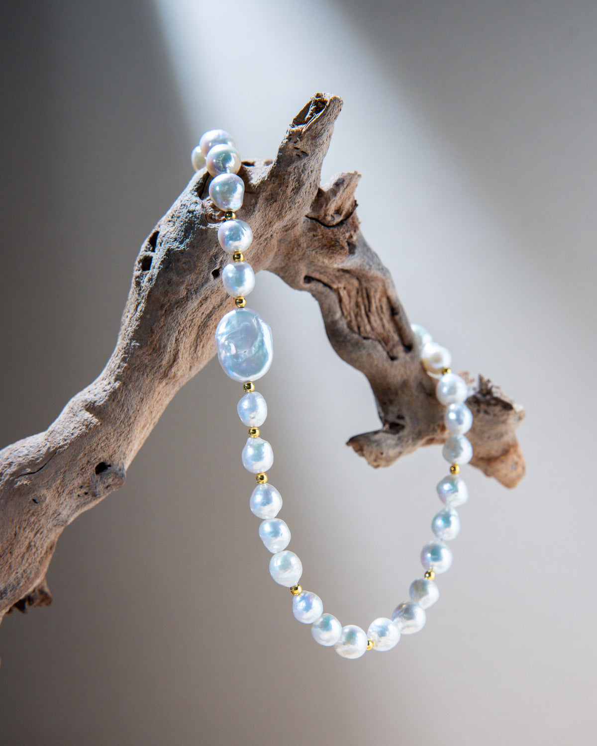 White Pearl Necklace with Coin Pearl & Gold Accents