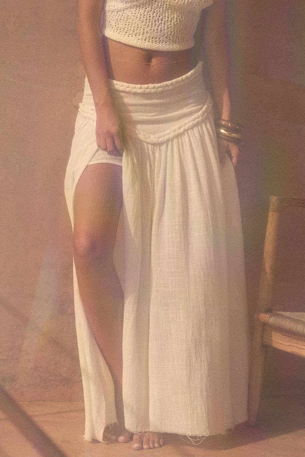 Solid Cotton Gauze Drop-Waist Yoke Maxi Skirt