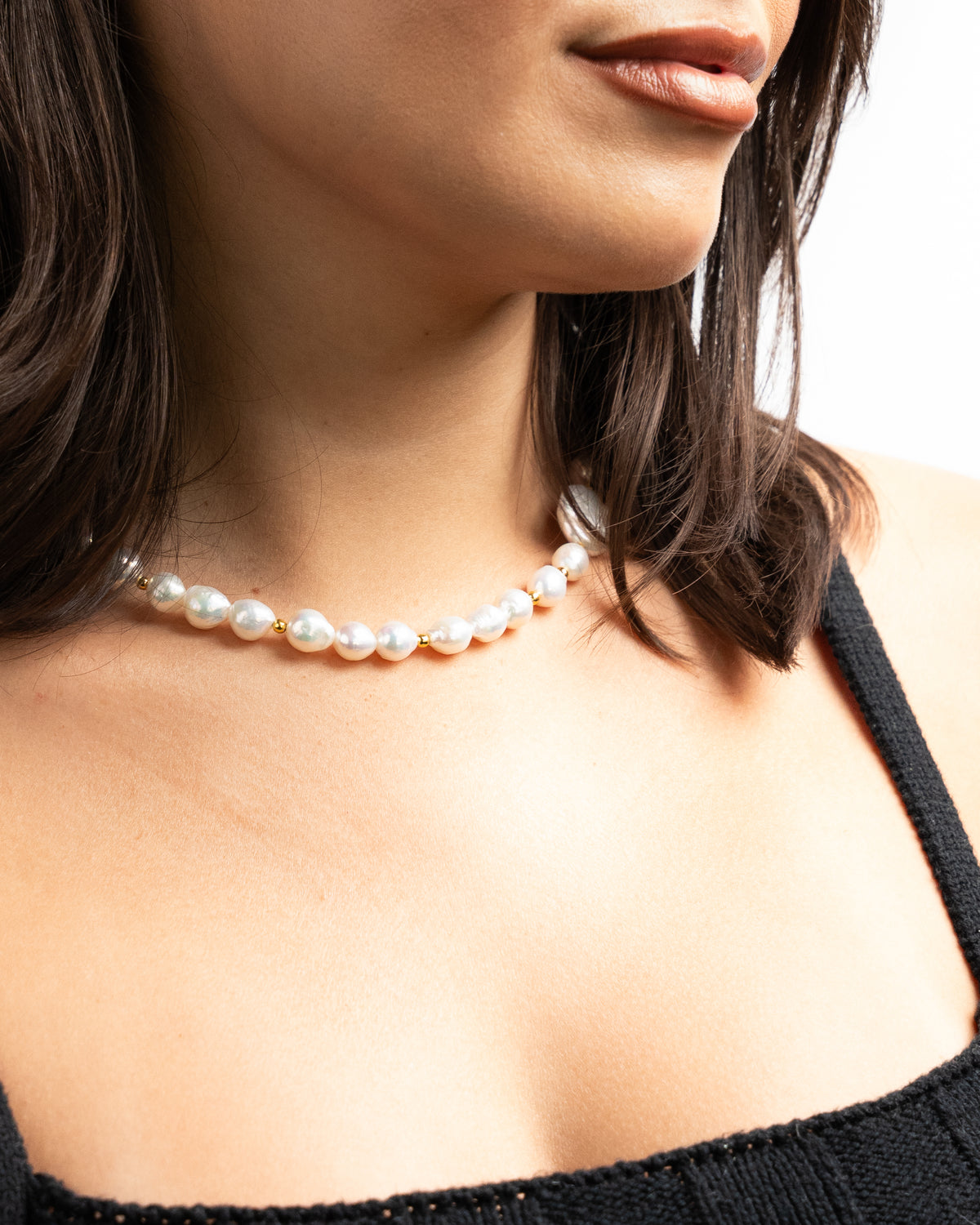 White Pearl Necklace with Coin Pearl & Gold Accents