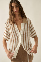 Striped Crochet-Knit Button-Up Collared Short-Sleeve Shirt