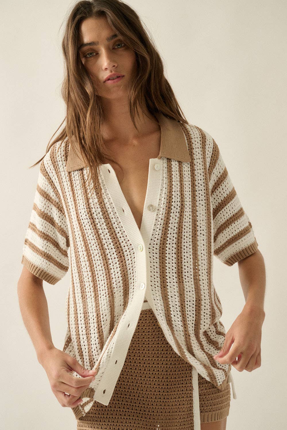 Striped Crochet-Knit Button-Up Collared Short-Sleeve Shirt