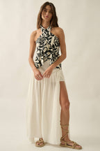 Solid Cotton Gauze Drop-Waist Yoke Maxi Skirt