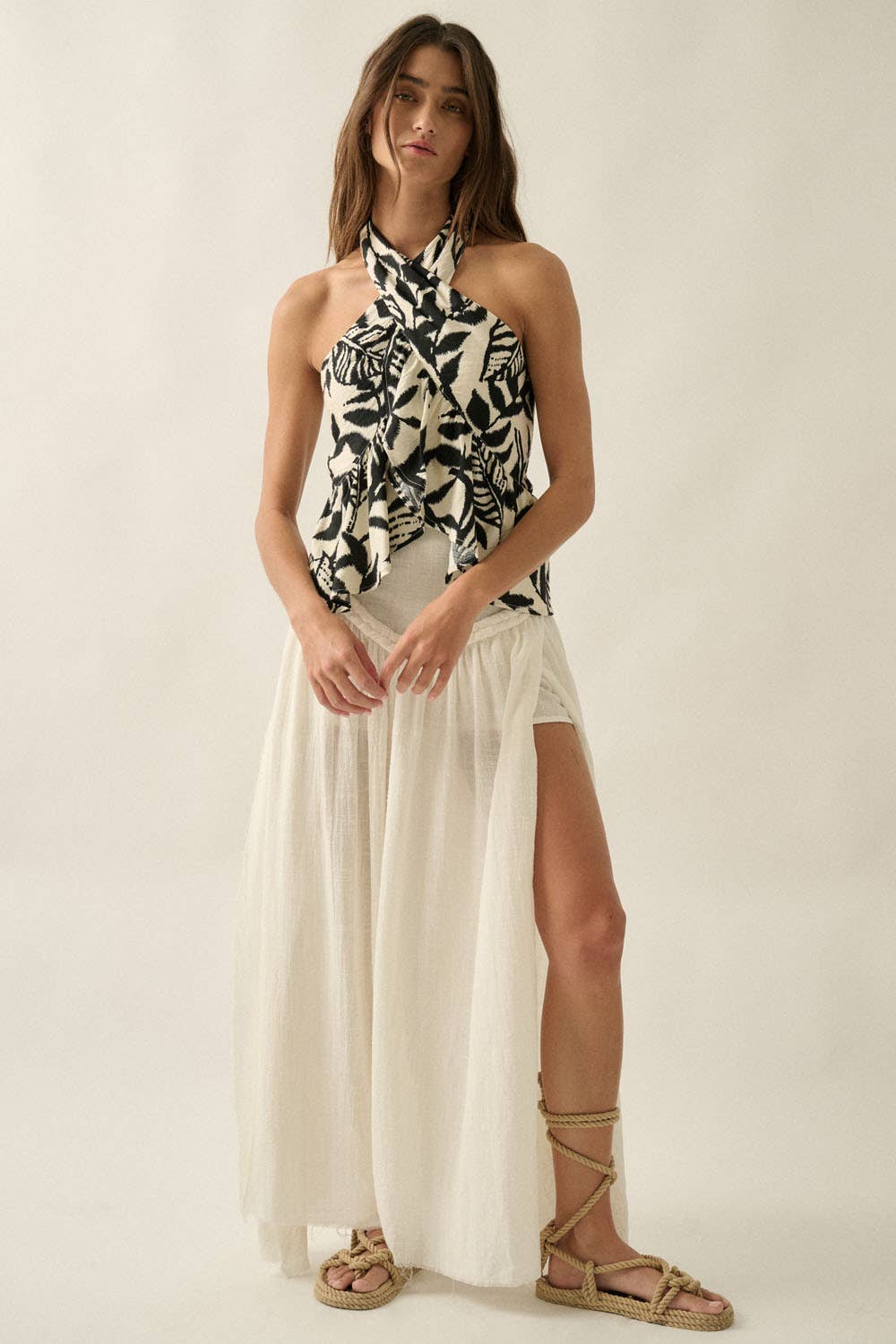 Solid Cotton Gauze Drop-Waist Yoke Maxi Skirt