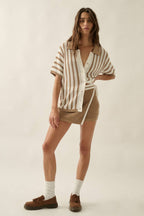 Striped Crochet-Knit Button-Up Collared Short-Sleeve Shirt