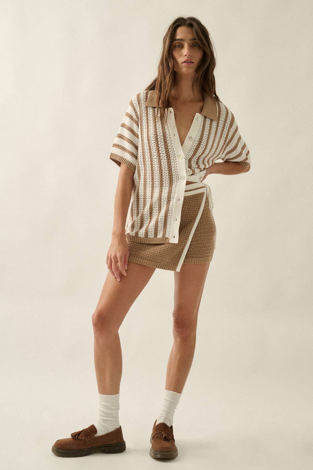 Striped Crochet-Knit Button-Up Collared Short-Sleeve Shirt