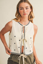 Embroidered Diamond Tie-Front Sleeveless Vest
