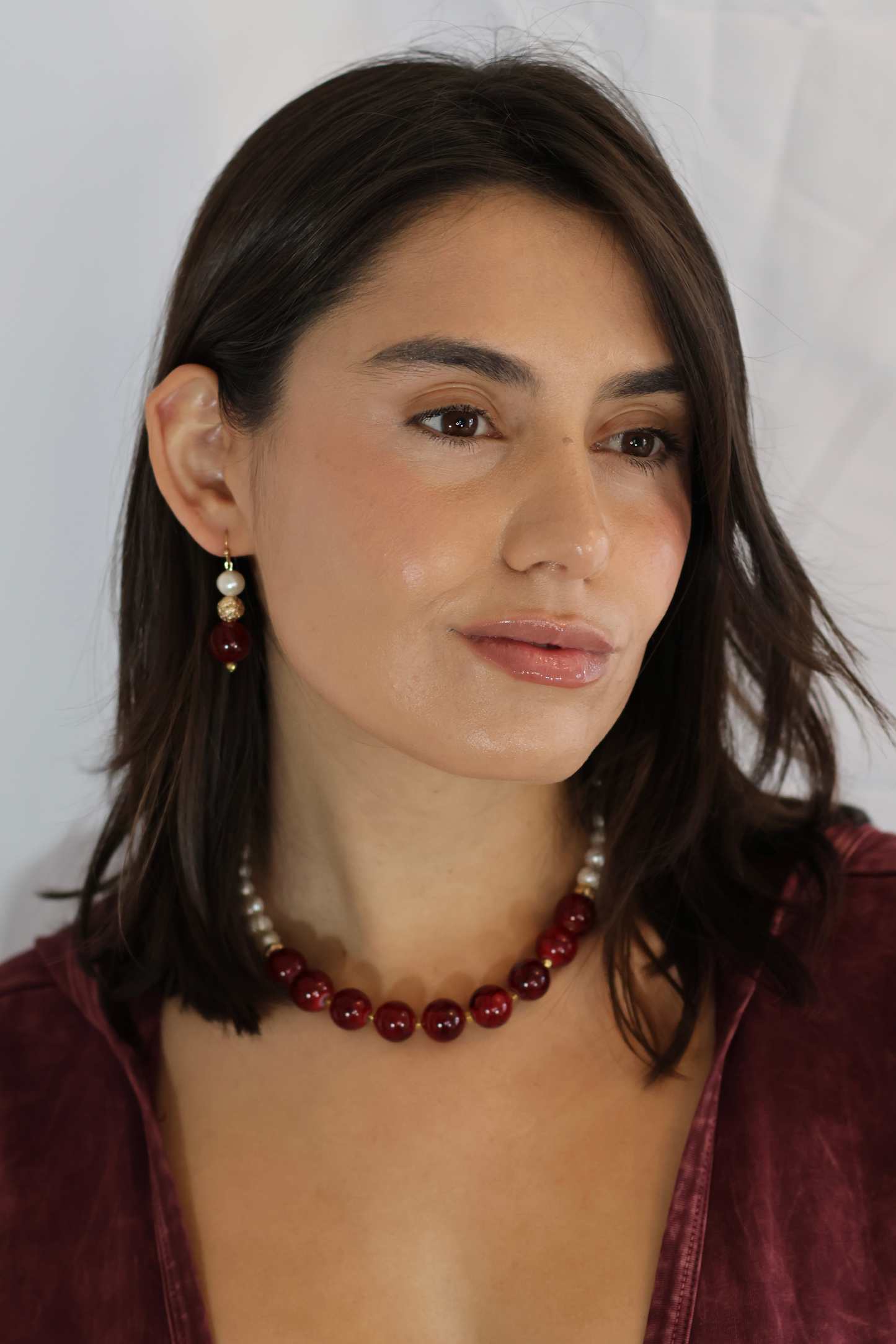 Handmade Red Marbled Glass & Pearl Jewelry Set