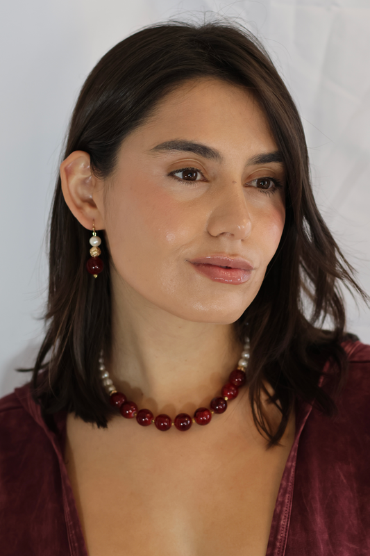 Handmade Red Marbled Glass & Pearl Jewelry Set