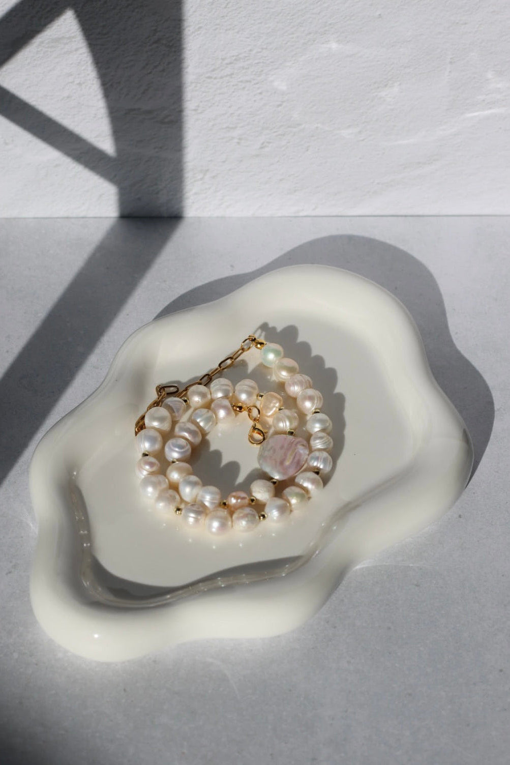 White Pearl Necklace with Baroque Pearl & Gold Accents