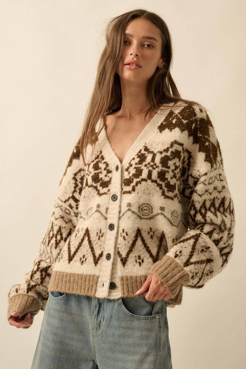 Brushed Alpine-Knit Button-Front Cardigan