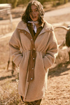 Faux Shearling Zip-Up Drawstring Knee-Length Coat