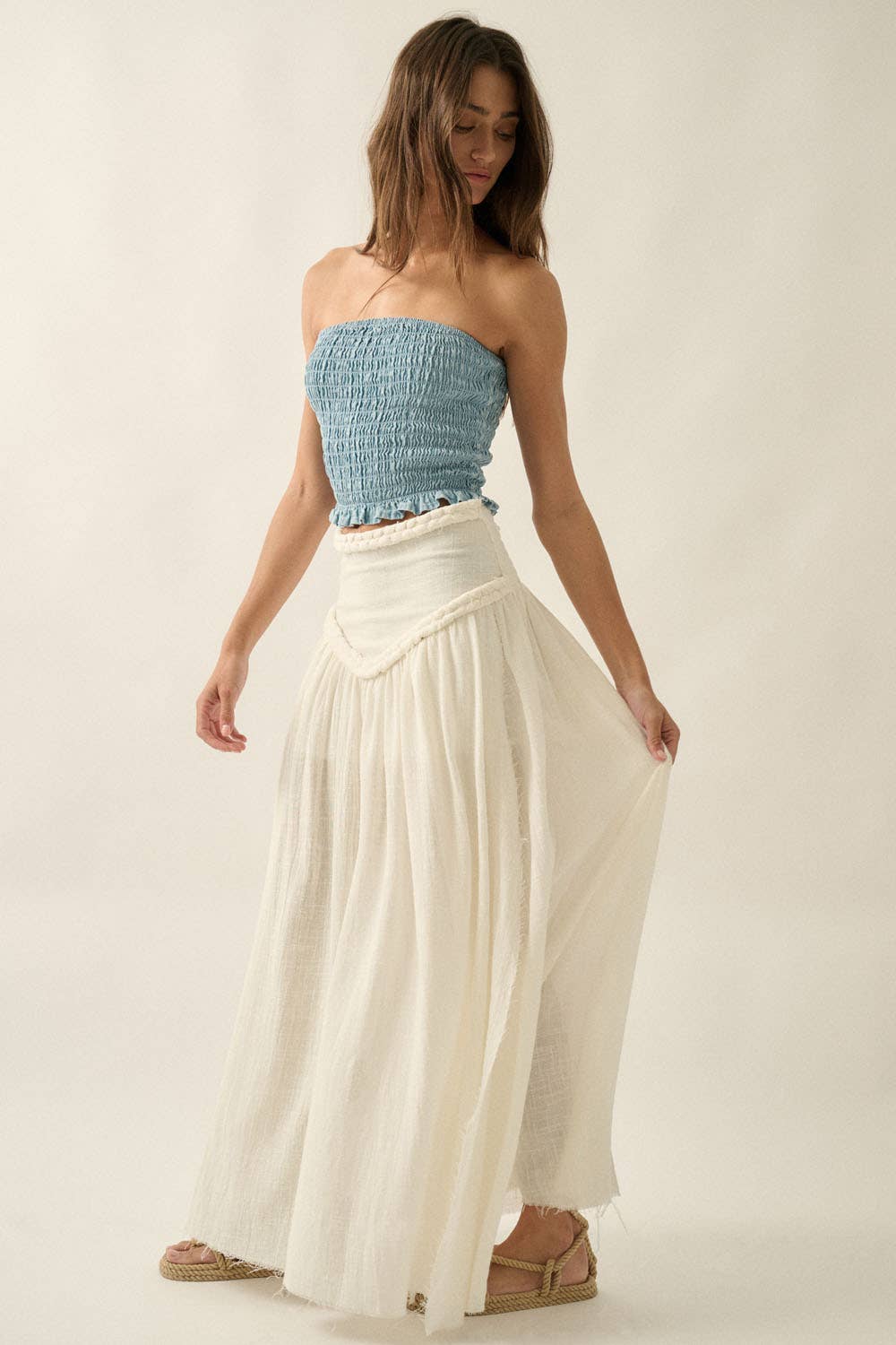 Solid Cotton Gauze Drop-Waist Yoke Maxi Skirt