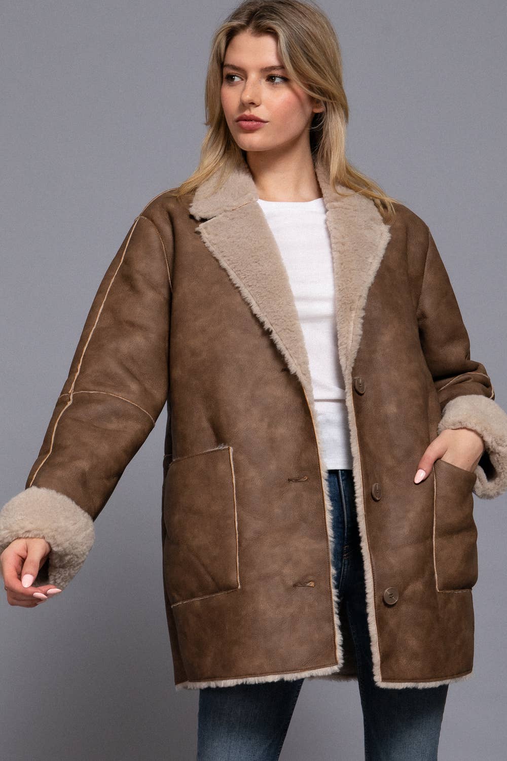 Lapel Collar Button Down Double Sided Faux Leather Coat