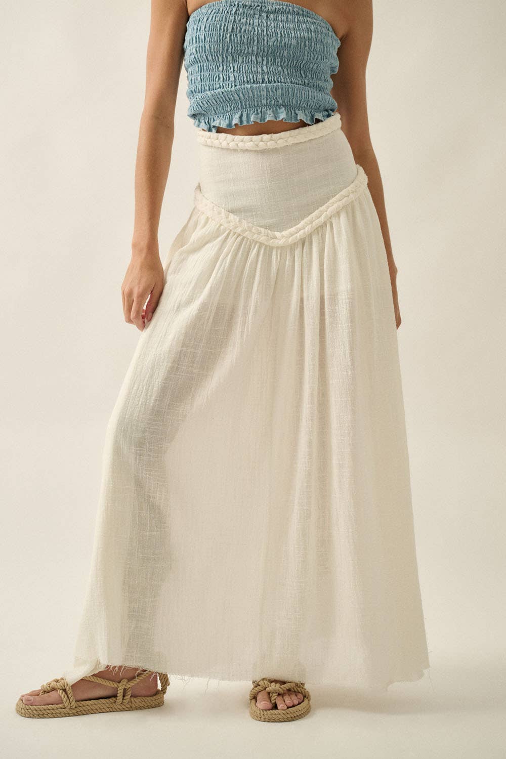Solid Cotton Gauze Drop-Waist Yoke Maxi Skirt